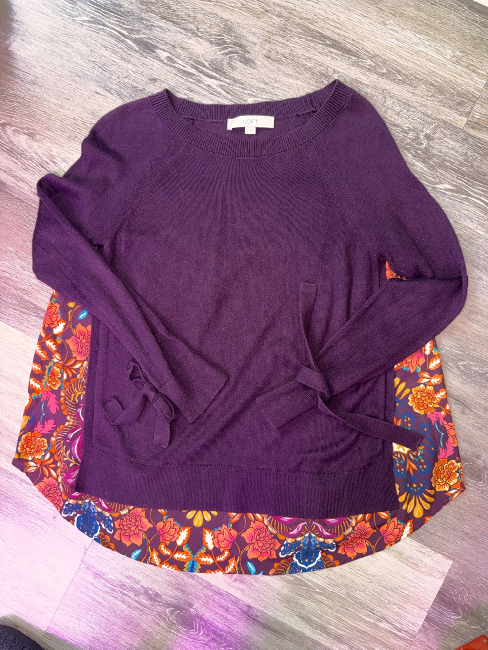 LOFT Deep Plum V-Neck Sweater with Sheer Floral Backing and Hem Accent